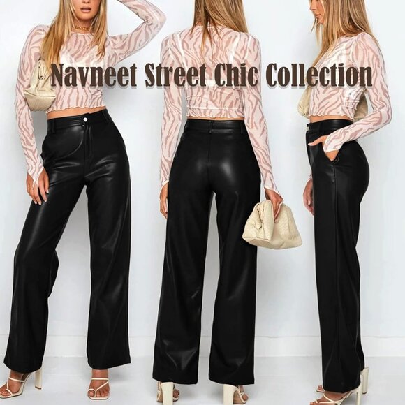 Women's Black Faux PU High Waist Straight Leg Leather Leggings Bell Bottom Pants - Picture 2 of 7